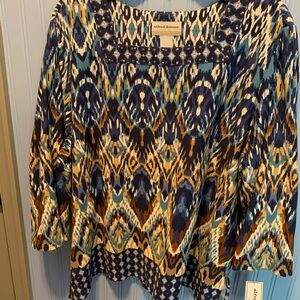 NWT Size 3X Alfred Dunner Women's Blue and Gold Aztec Pattern Blouse